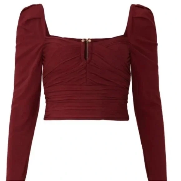 Self-Portrait Burgundy Long Sleeve Crop Top - Picture 4 of 8